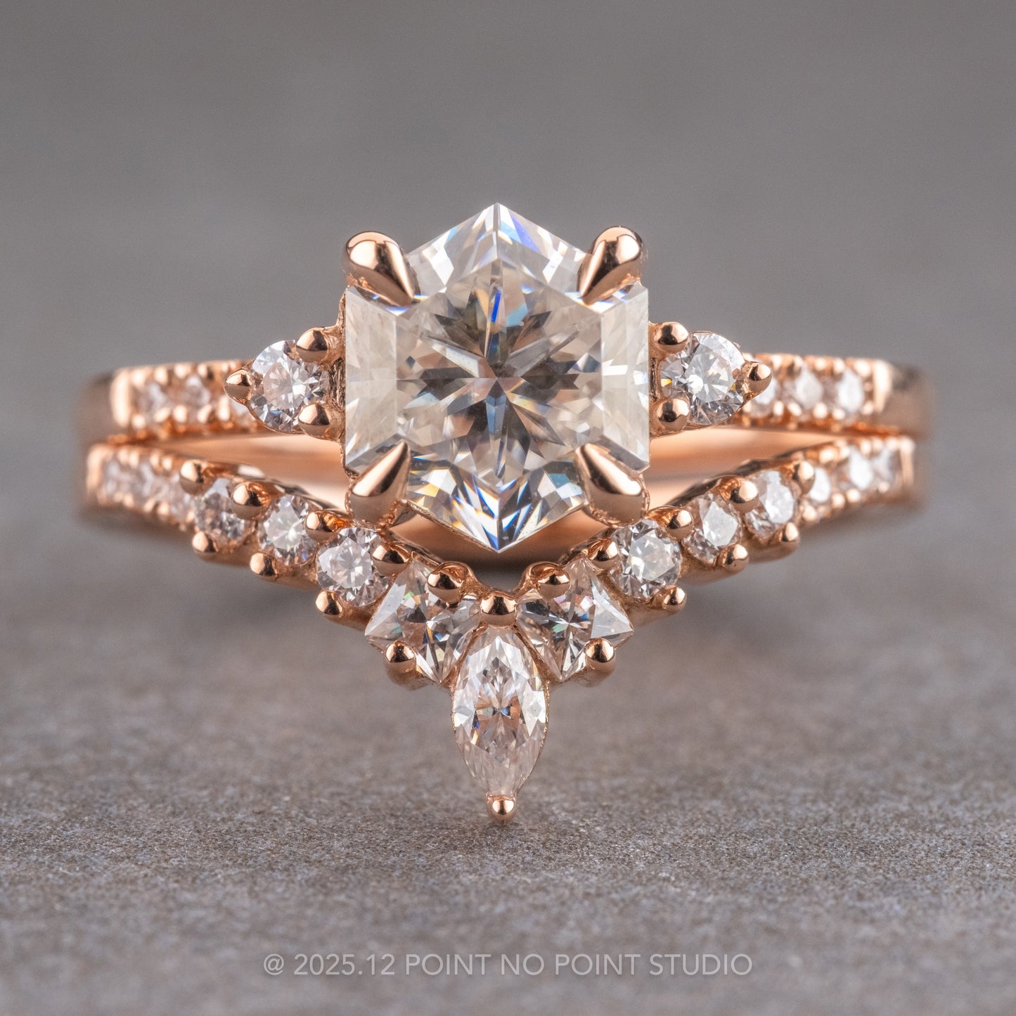 1.50 Carat Hexagon Moissanite Engagement Ring, Eliza Setting, 14k Rose Gold