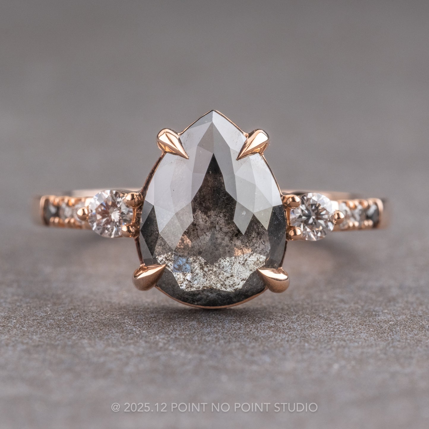 1.69 Carat Black Salt and Pepper Pear Diamond Engagement Ring, Ombre Eliza Setting