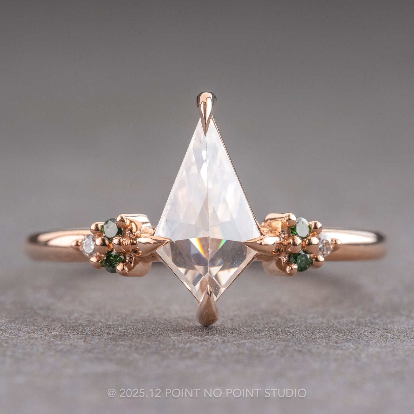 1.01 Carat Kite Moissanite and Diamond Engagement Ring, Quinn Setting, 14k Rose Gold