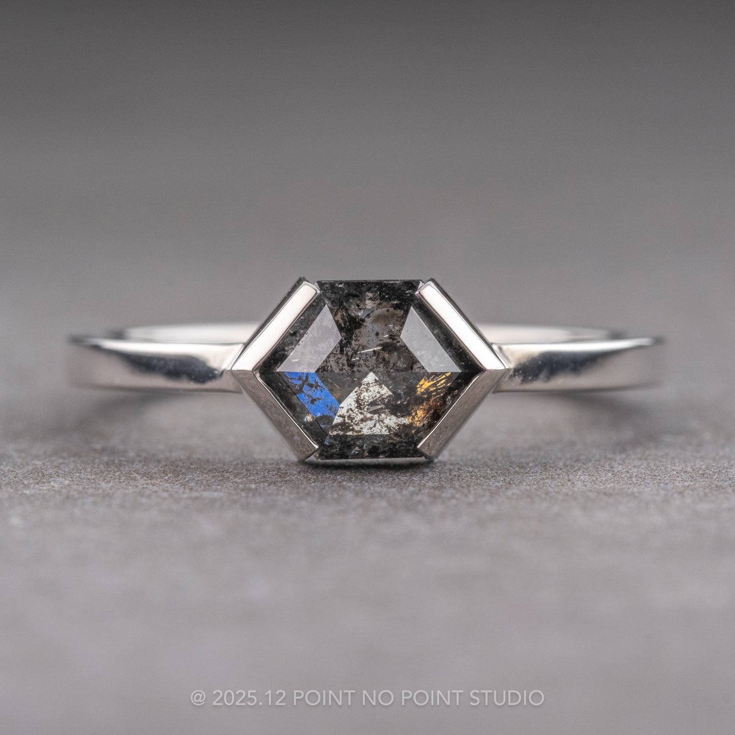 1.17 Carat Black Salt and Pepper Hexagon Diamond Engagement Ring, Charlize Setting