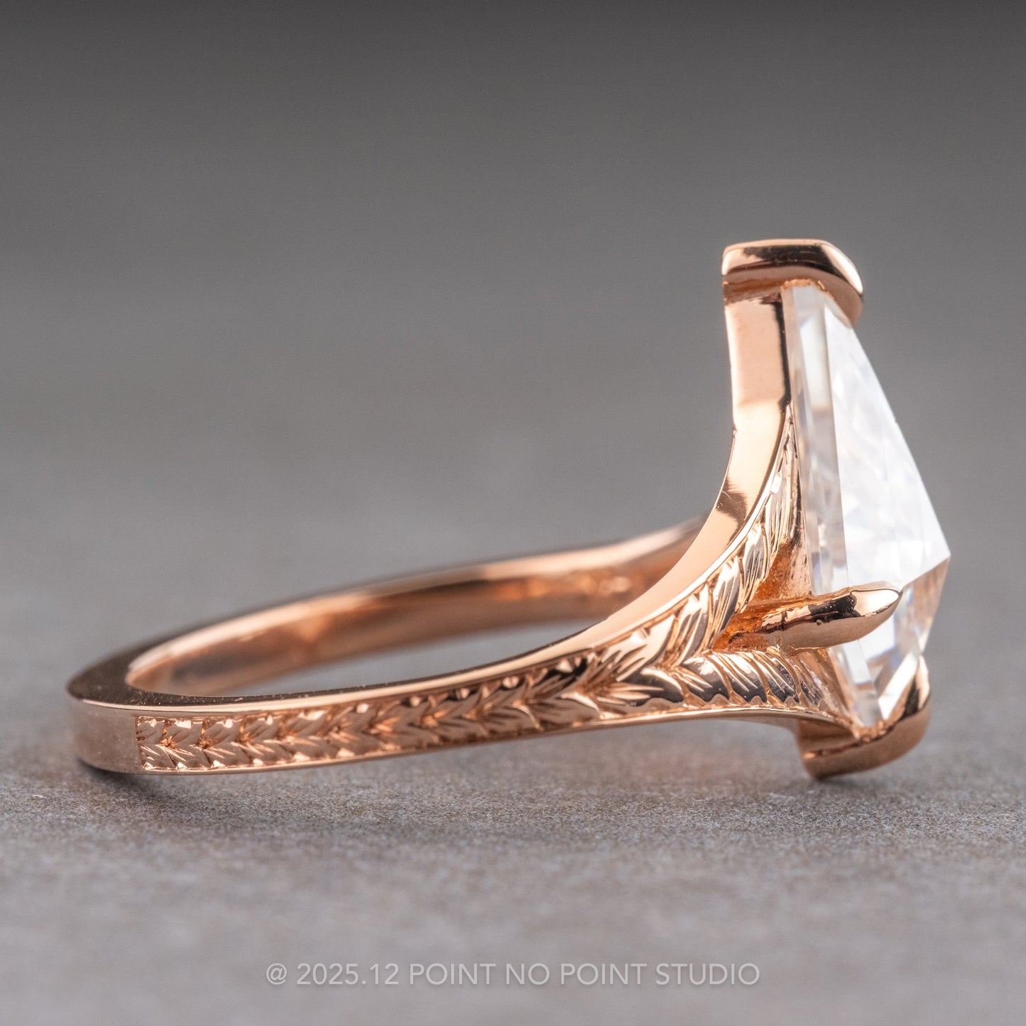 Kite Moissanite Engagement Ring, Engraved Split Shank Jane Setting
