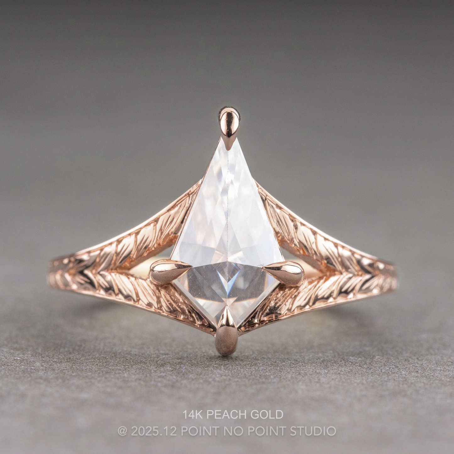 Kite Moissanite Engagement Ring, Engraved Split Shank Jane Setting