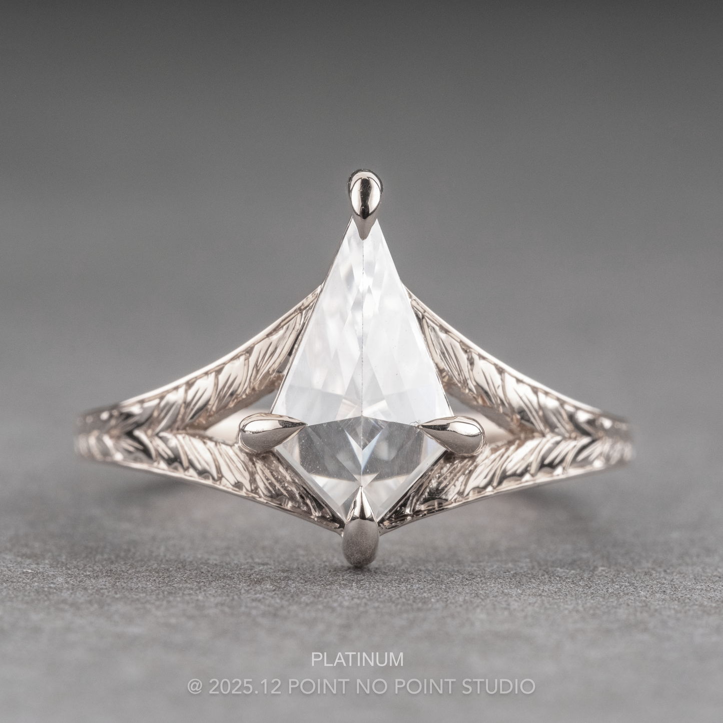 Kite Moissanite Engagement Ring, Engraved Split Shank Jane Setting