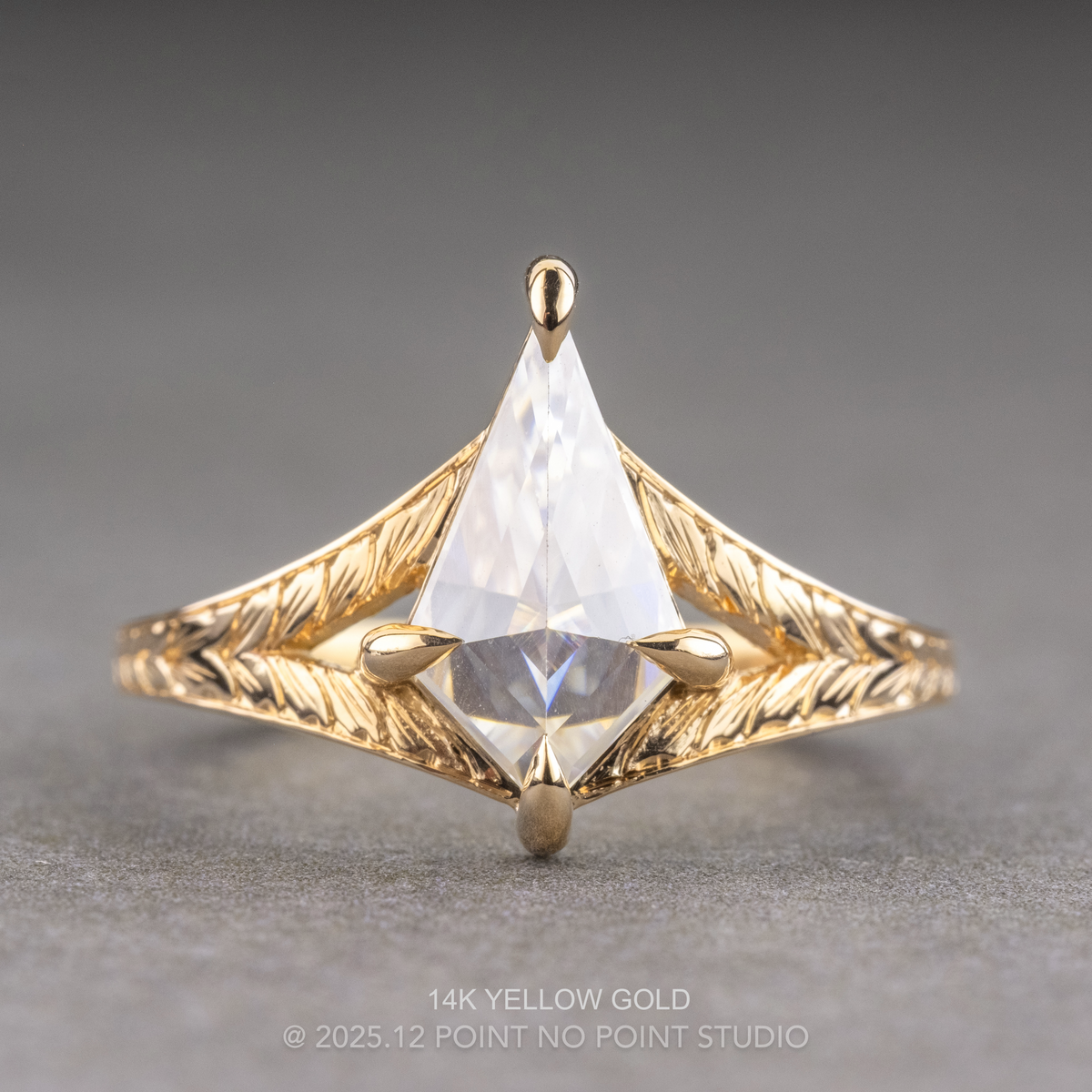 Kite Moissanite Engagement Ring, Engraved Split Shank Jane Setting