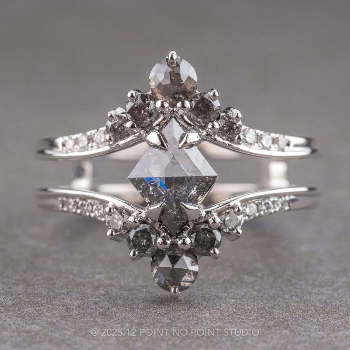 1.17 Carat Black Speckled Lozenge Diamond Engagement Ring, Empress Setting, 14k White Gold