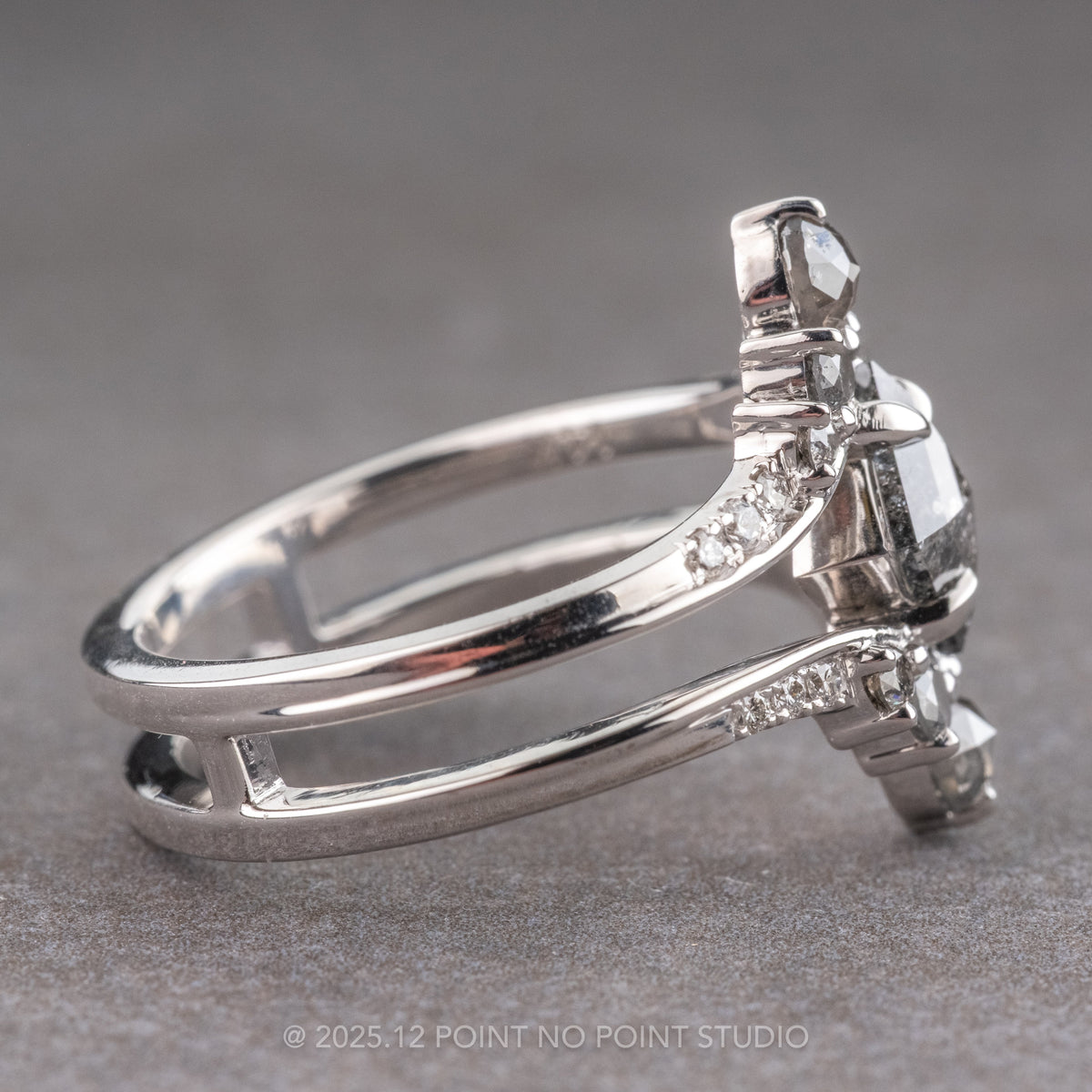 1.17 Carat Black Speckled Lozenge Diamond Engagement Ring, Empress Setting, 14k White Gold