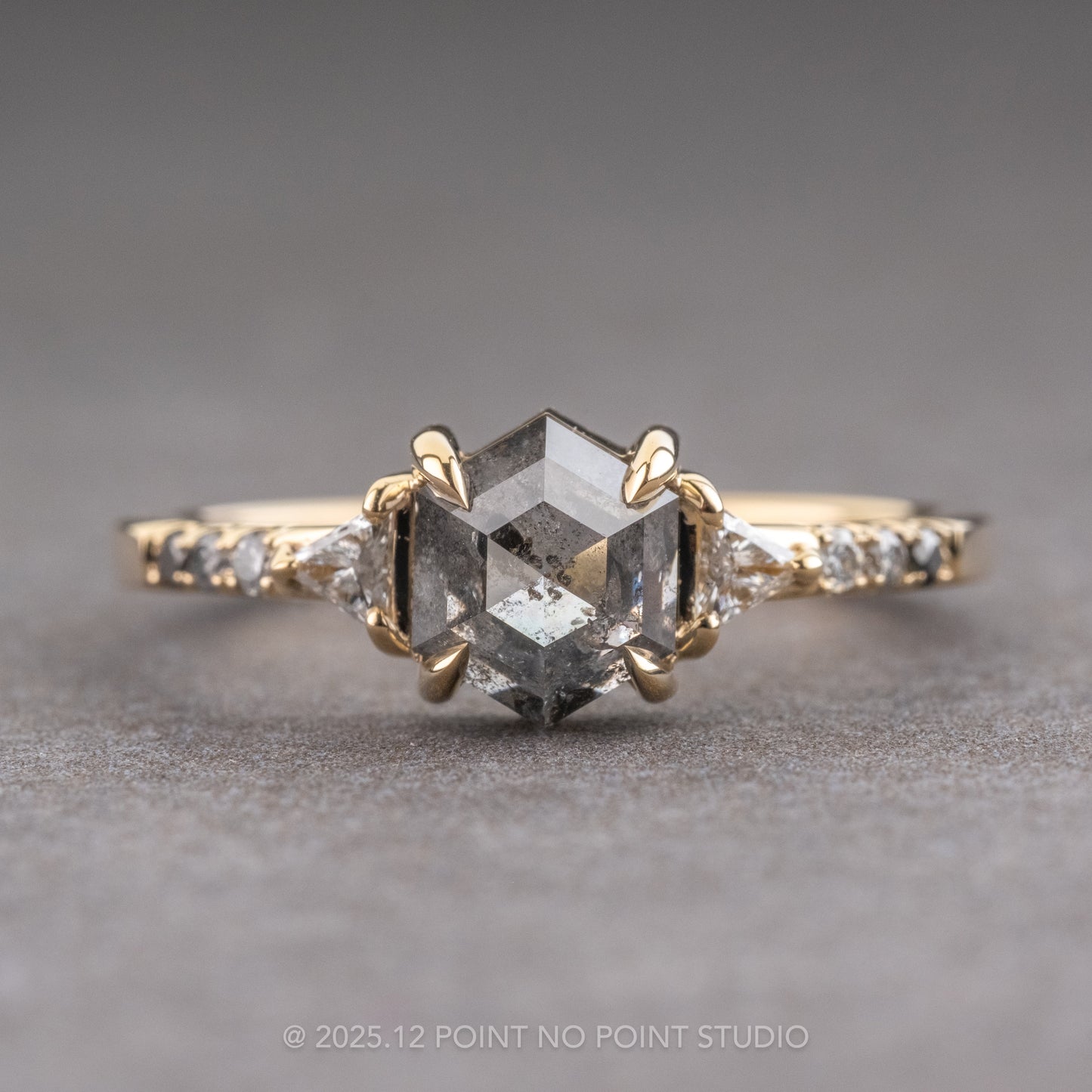 1.36 Carat Salt and Pepper Hexagon Diamond Engagement Ring, Ombre Eliza Setting