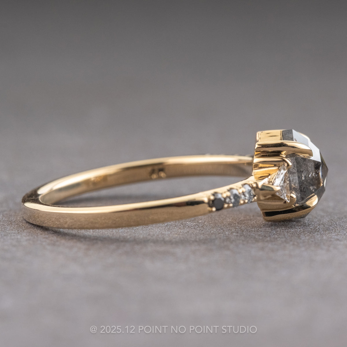1.36 Carat Salt and Pepper Hexagon Diamond Engagement Ring, Ombre Eliza Setting