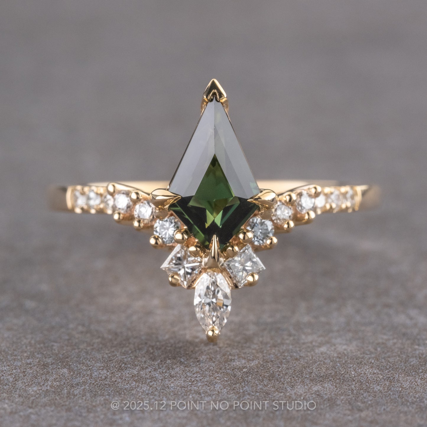 1.26 Carat Green Kite Sapphire and Diamond Engagement Ring, Willa Setting, 14K Yellow Gold