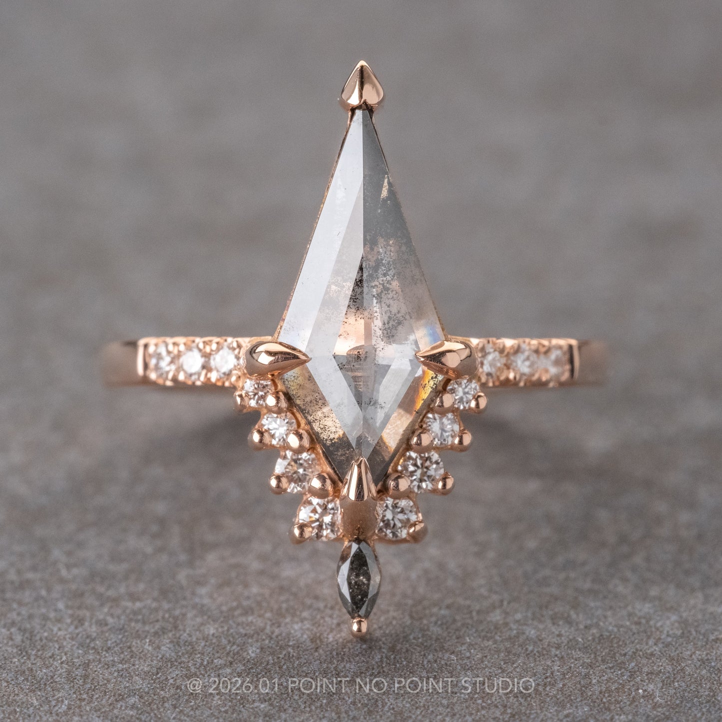 1.15 Carat Salt and Pepper Kite Diamond Engagement Ring, Avaline Setting, 14K Rose Gold