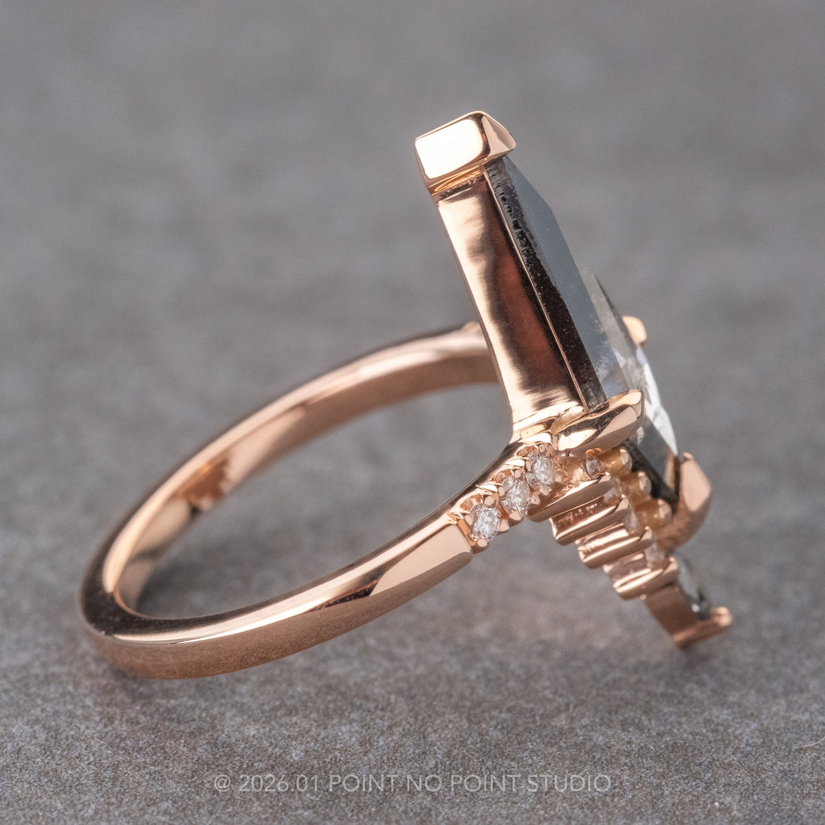 1.15 Carat Salt and Pepper Kite Diamond Engagement Ring, Avaline Setting, 14K Rose Gold