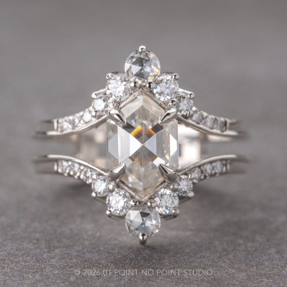 2.01 Carat Hexagon Moissanite and Diamond Engagement Ring, Empress Setting