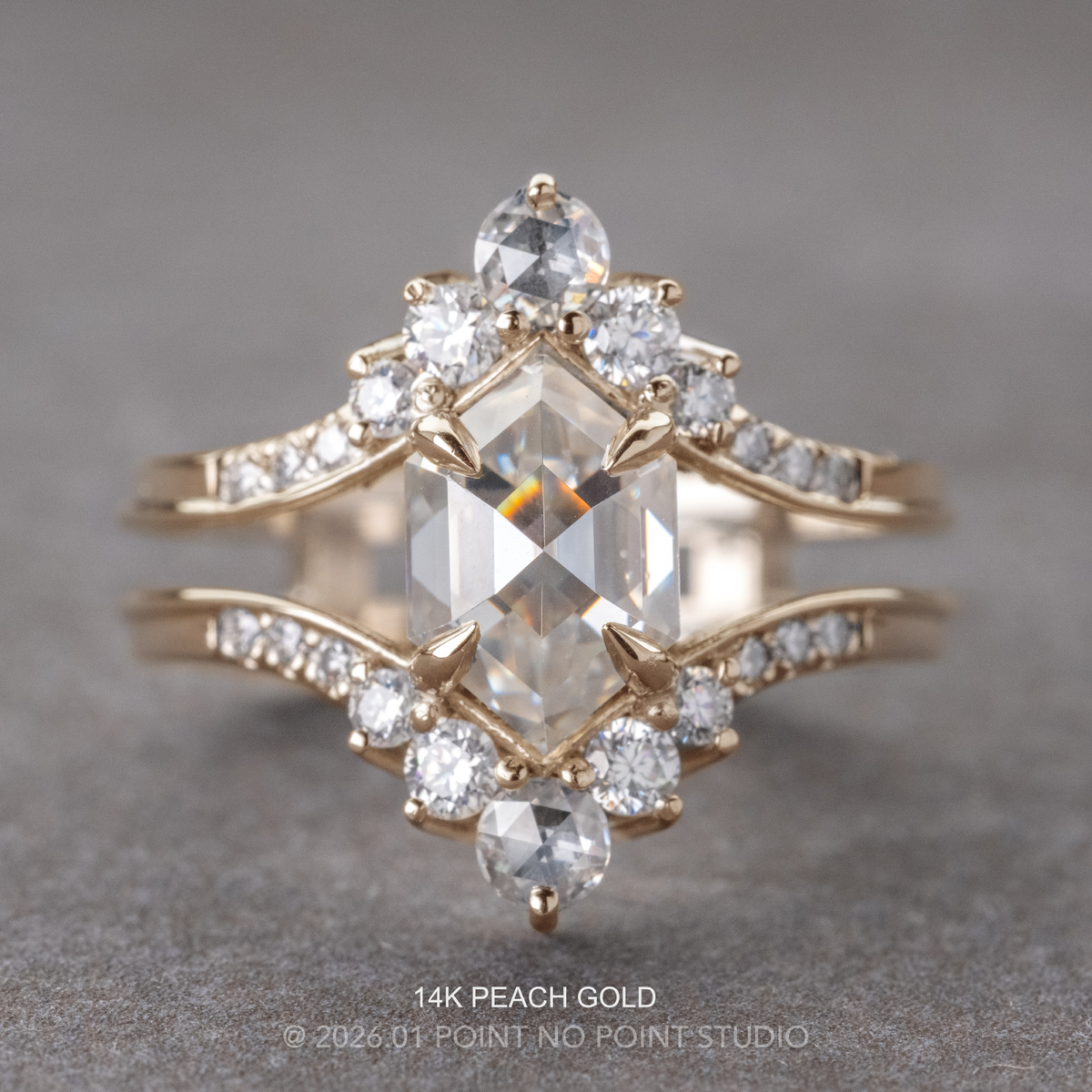 2.01 Carat Hexagon Moissanite and Diamond Engagement Ring, Empress Setting