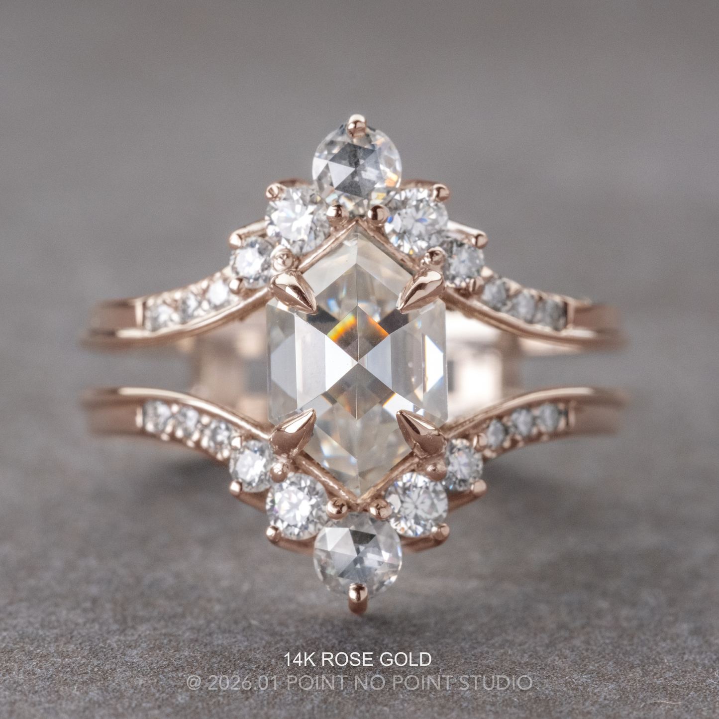 2.01 Carat Hexagon Moissanite and Diamond Engagement Ring, Empress Setting