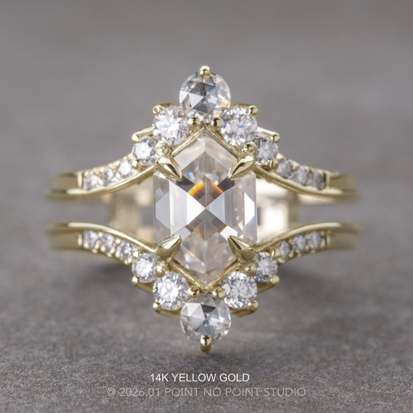 2.01 Carat Hexagon Moissanite and Diamond Engagement Ring, Empress Setting
