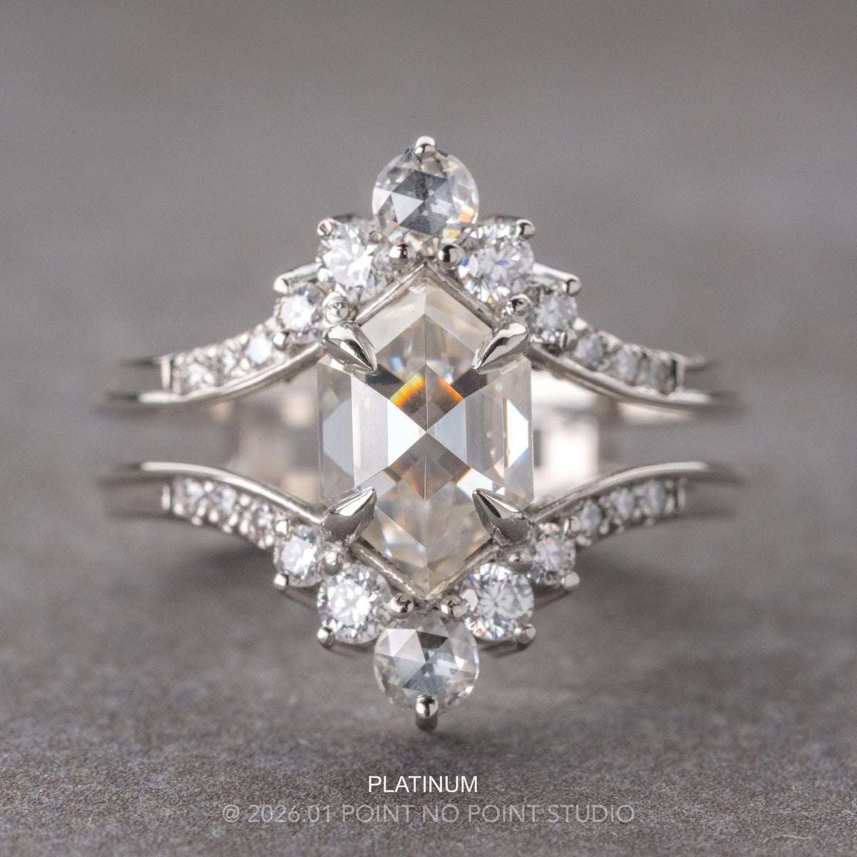 2.01 Carat Hexagon Moissanite and Diamond Engagement Ring, Empress Setting