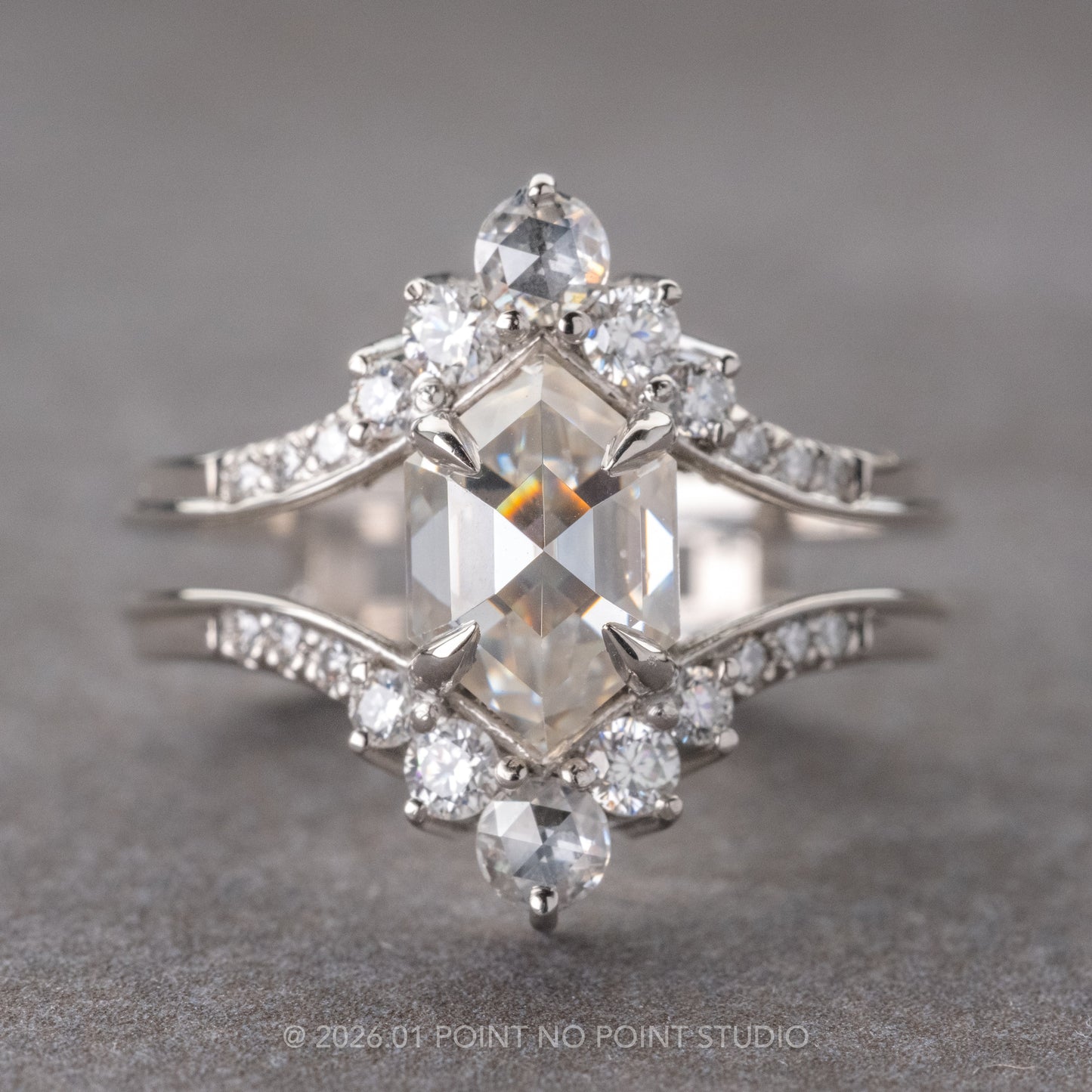 2.01 Carat Hexagon Moissanite and Diamond Engagement Ring, Empress Setting, Platinum