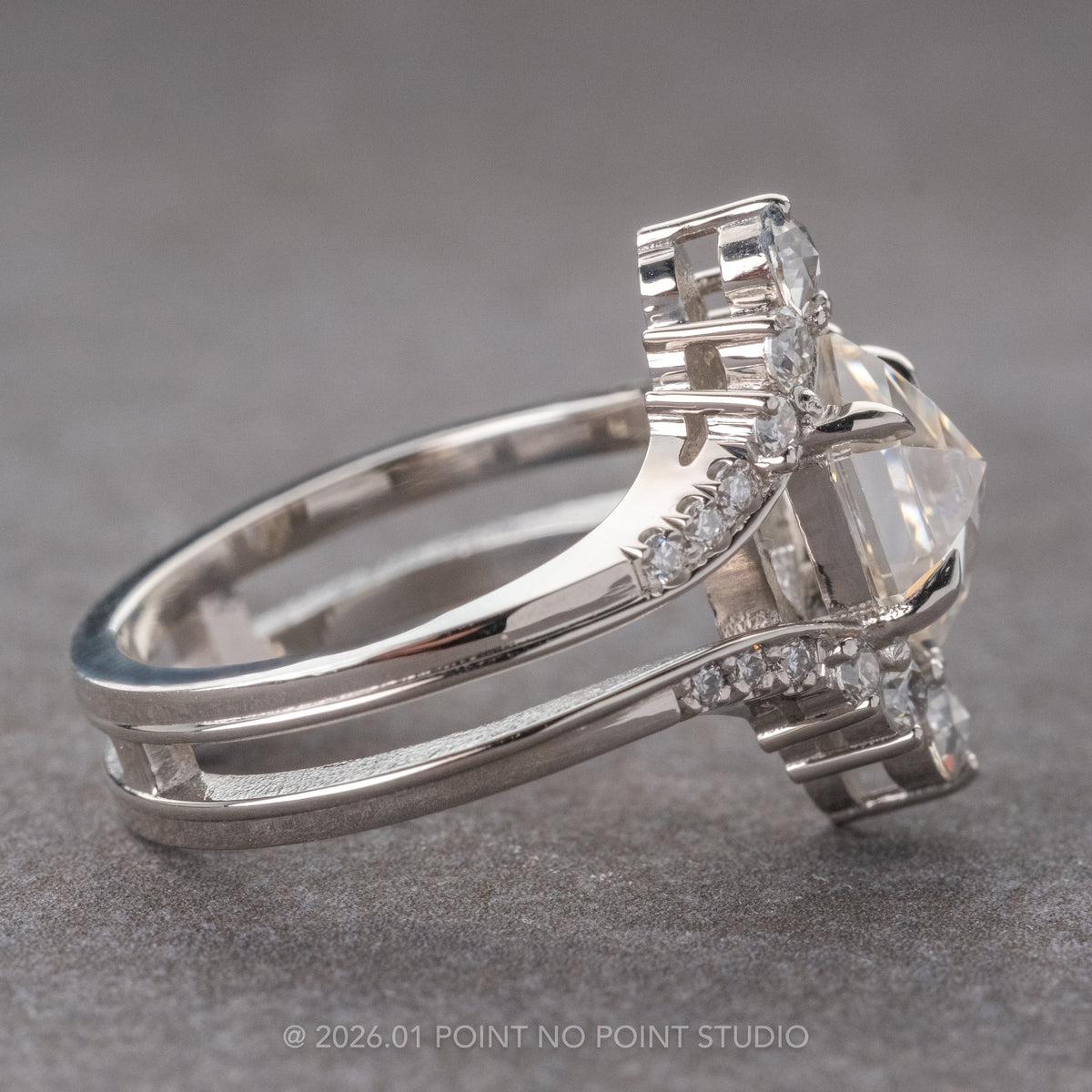 2.01 Carat Hexagon Moissanite and Diamond Engagement Ring, Empress Setting