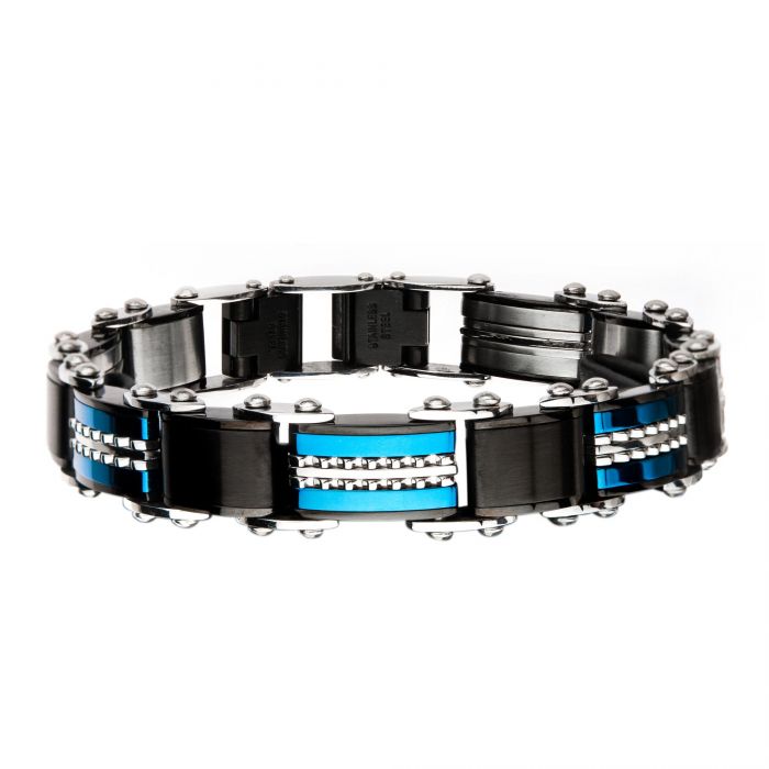 Black & Blue Plated Stainless Steel Reversible Bracelet