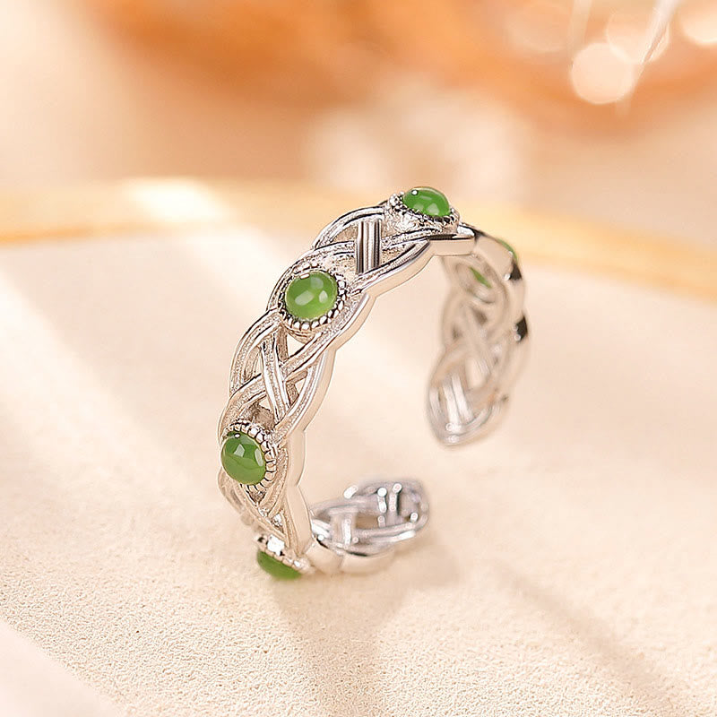 Fortune Jewel 925 Sterling Silver Plated Gold Cyan Jade Braided Design Success Luck Adjustable Ring