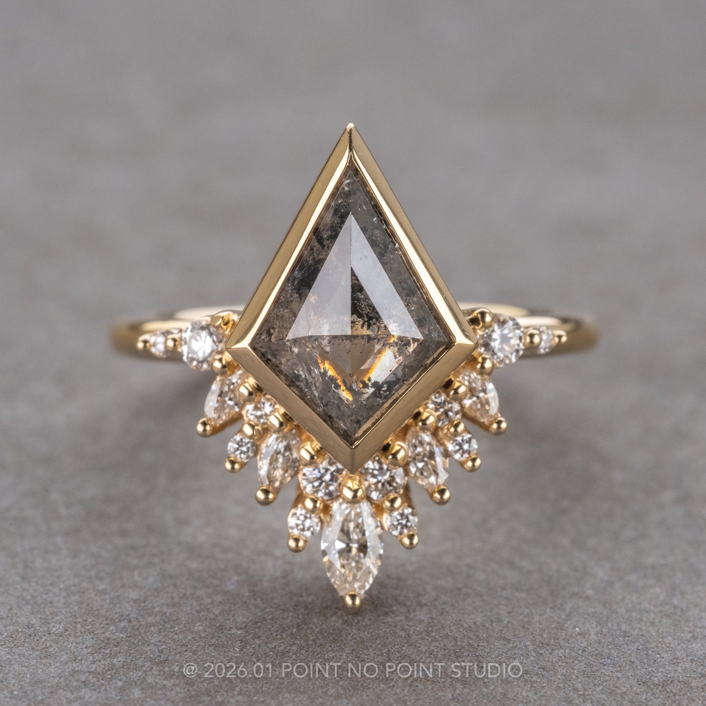2.08 Carat Salt and Pepper Kite Diamond Engagement Ring, Bezel Aubrey Setting