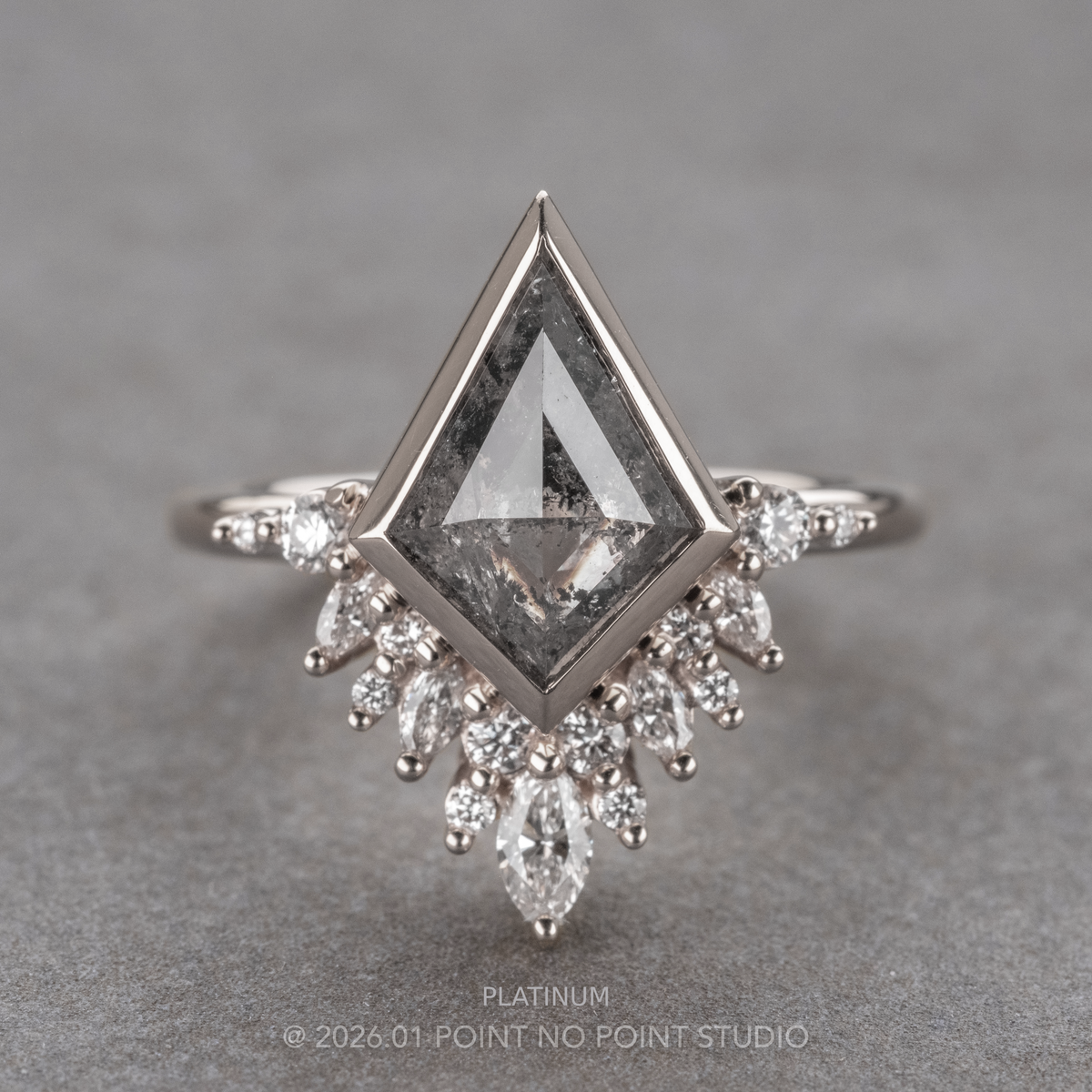 2.08 Carat Salt and Pepper Kite Diamond Engagement Ring, Bezel Aubrey Setting