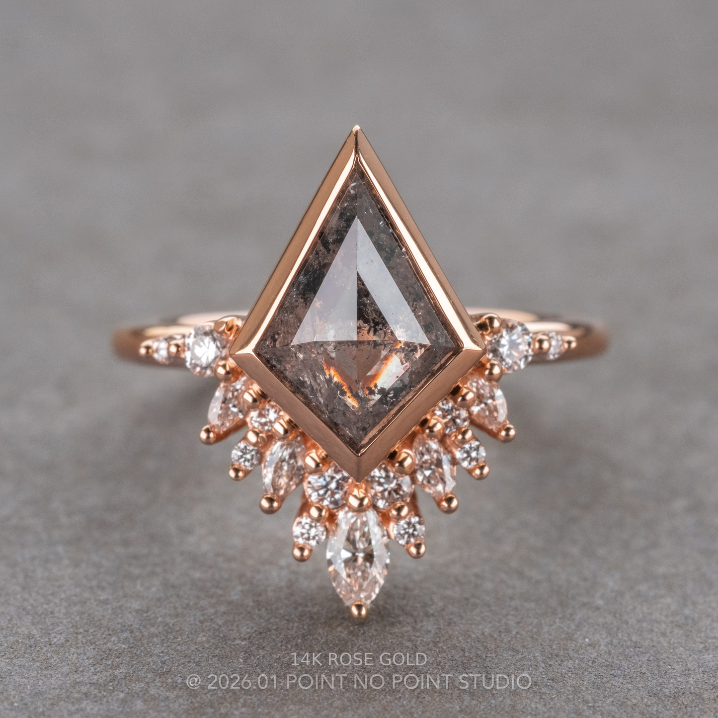 2.08 Carat Salt and Pepper Kite Diamond Engagement Ring, Bezel Aubrey Setting