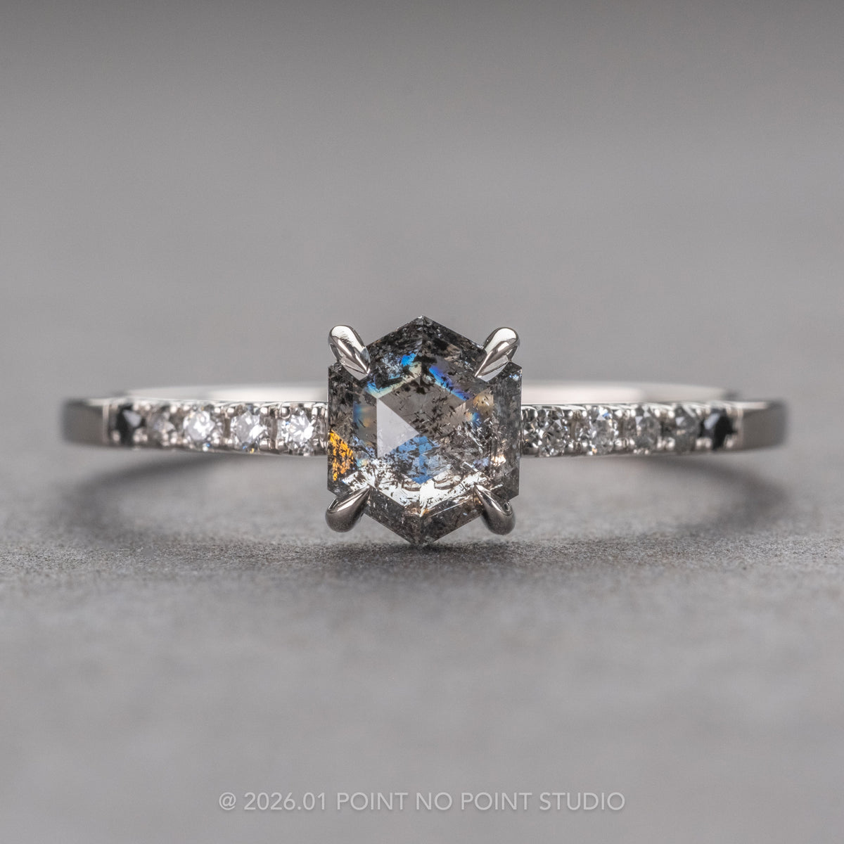 .93 Carat Salt and Pepper Hexagon Diamond Engagement Ring, Ombre Jules Setting, Platinum