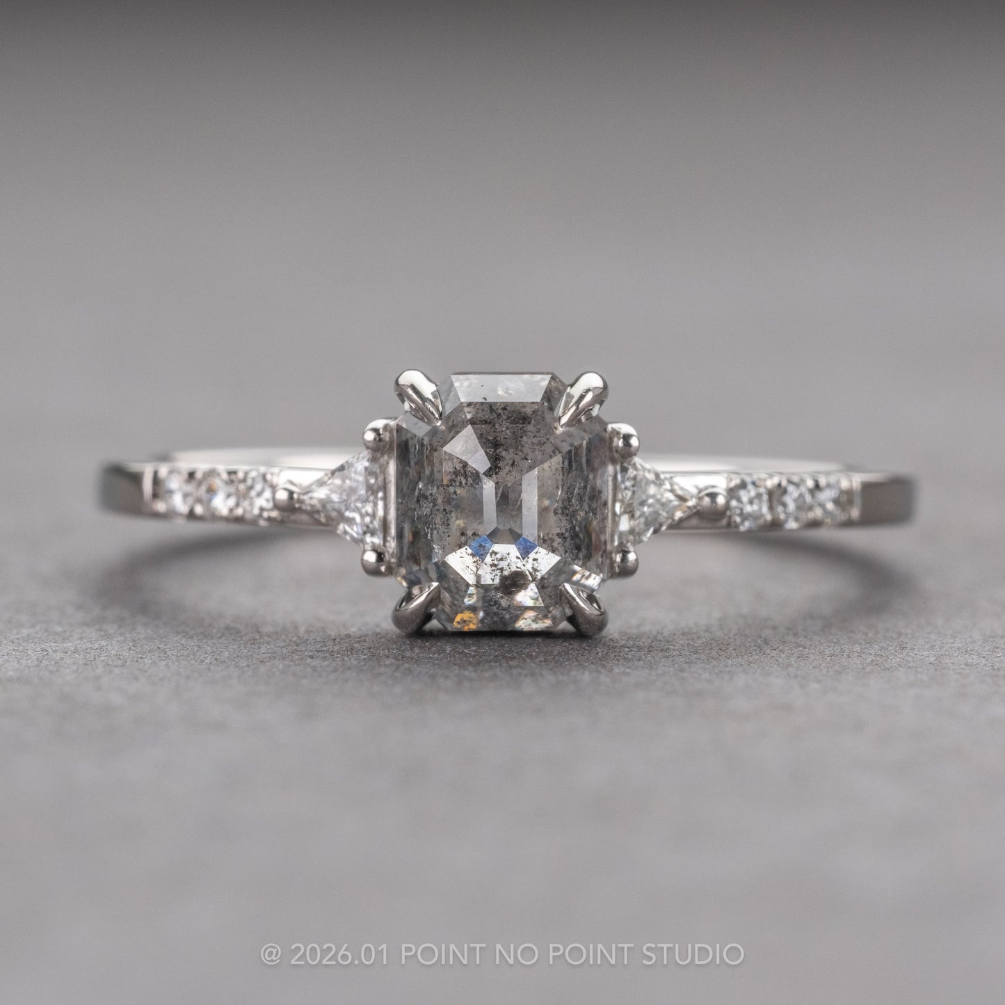 1.69 Carat Canadian Salt and Pepper Emerald Shaped Diamond Engagement Ring, Eliza Setting, Platinum