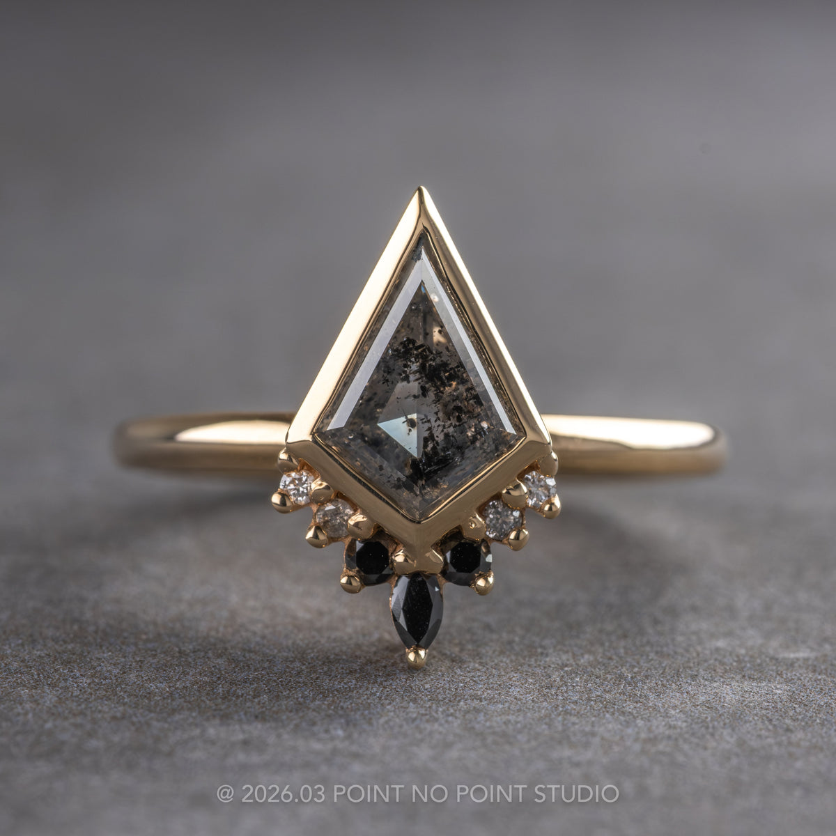 .98 Carat Salt and Pepper Kite Diamond Engagement Ring, Bezel Ombre Ava Setting, 14K Yellow Gold