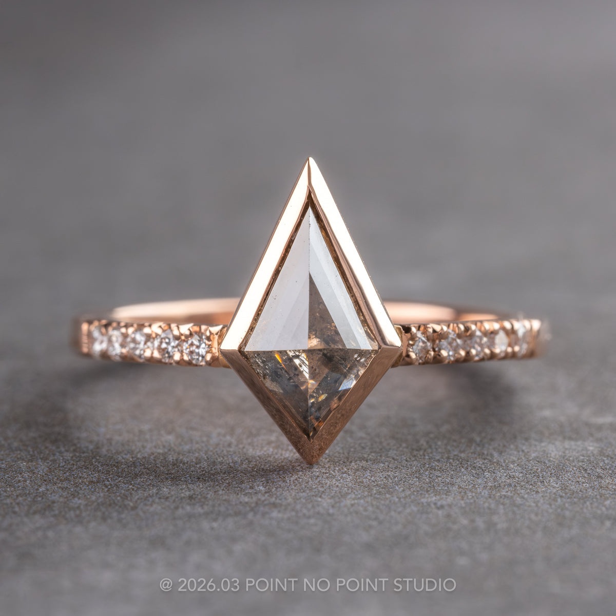 1.26 Carat Salt and Pepper Kite Diamond Engagement Ring, Bezel Jules Setting, 14K Rose Gold