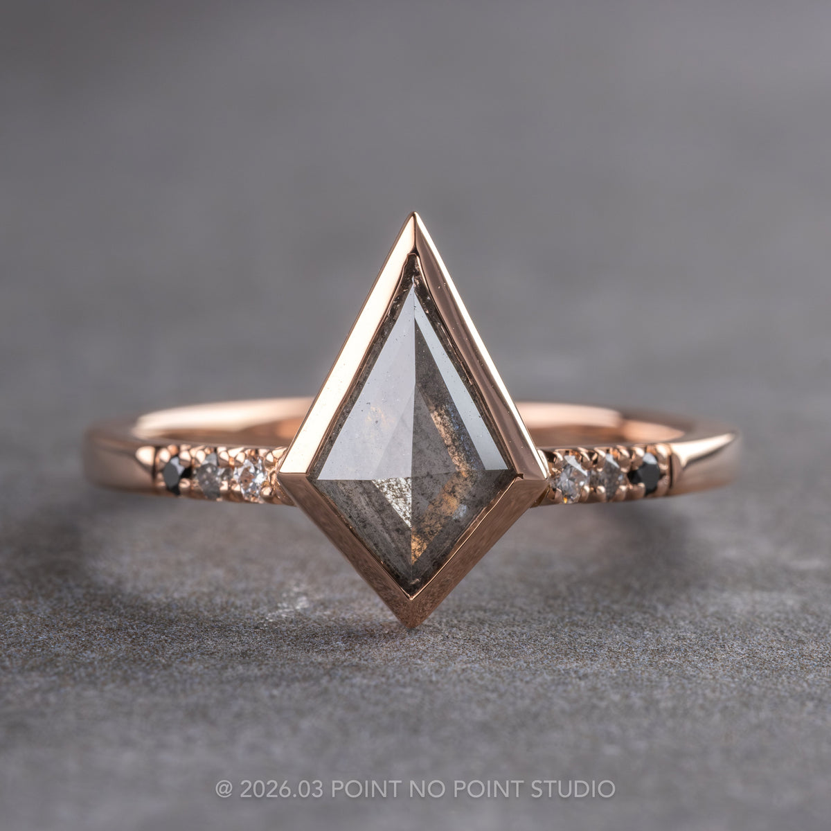 .92 Carat Salt and Pepper Kite Diamond Engagement Ring, Bezel Ombre Jules Setting, 14K Rose Gold