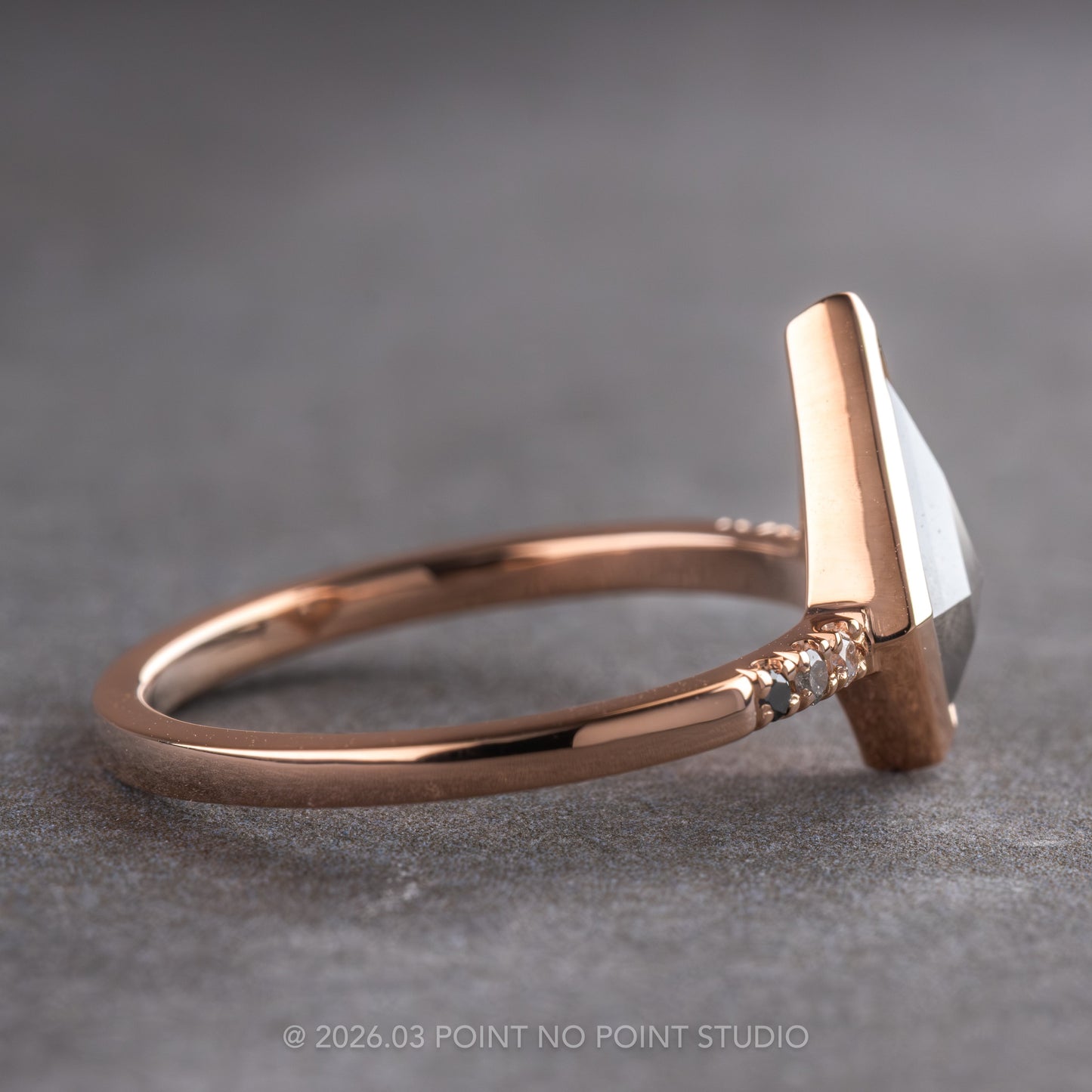 .92 Carat Salt and Pepper Kite Diamond Engagement Ring, Bezel Ombre Jules Setting, 14K Rose Gold