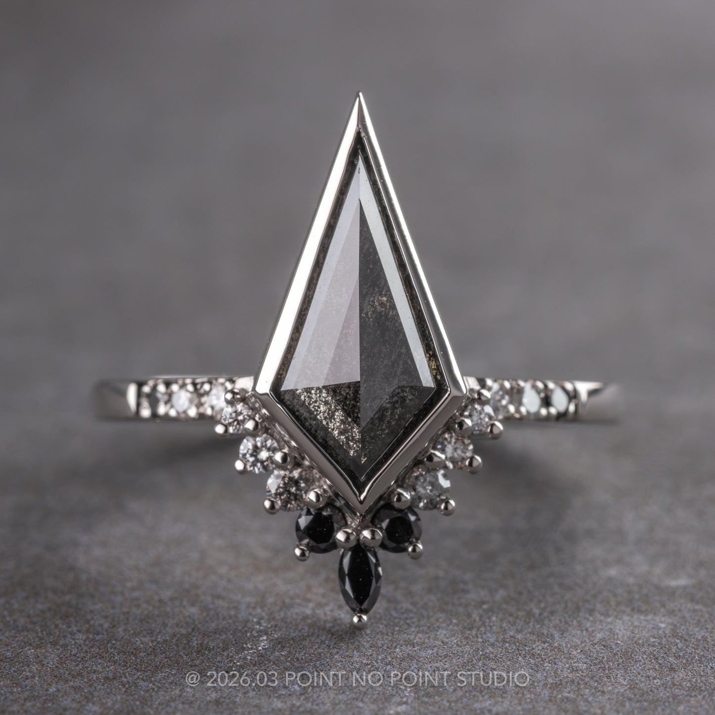 1.71 Carat Black Kite Diamond Engagement Ring, Bezel Ombre Avaline Setting, Platinum