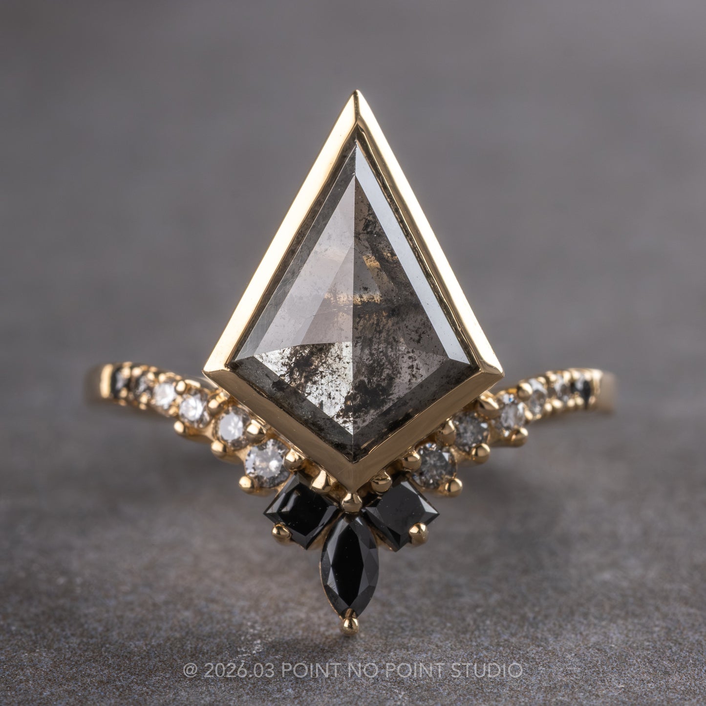 2.65 Carat Salt and Pepper Kite Diamond Engagement Ring, Bezel Ombre Willa Setting, 14K Yellow Gold
