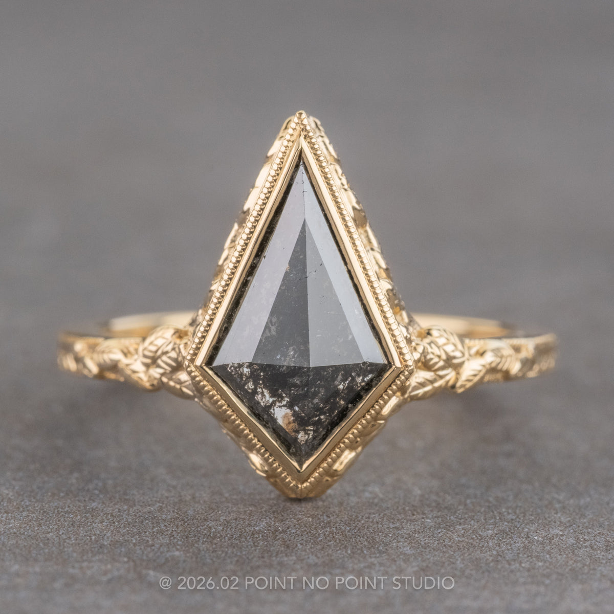 1.42 Carat Black Salt and Pepper Kite Diamond Engagement Ring, Bezel Liana Setting, 14K Yellow Gold