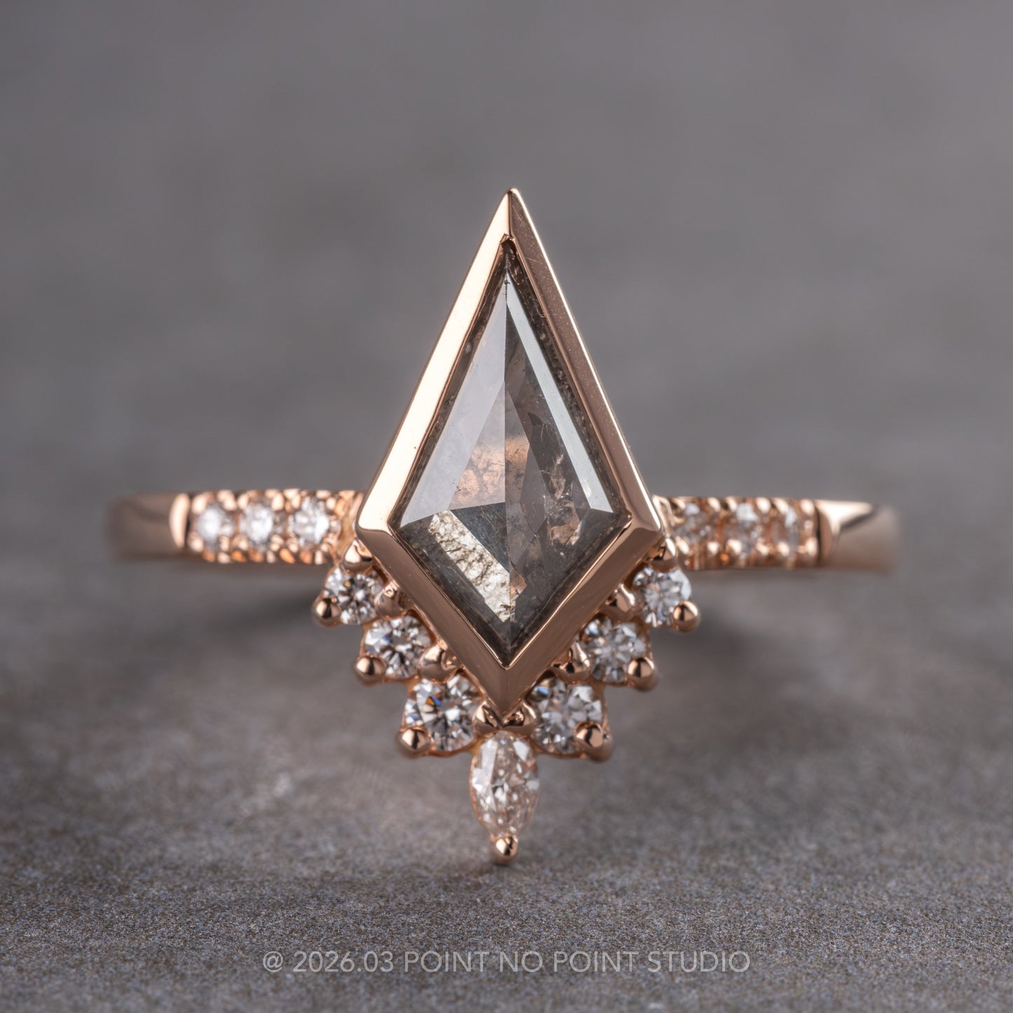 .98 Carat Salt and Pepper Kite Diamond Engagement Ring, Bezel Avaline Setting, 14k Rose Gold