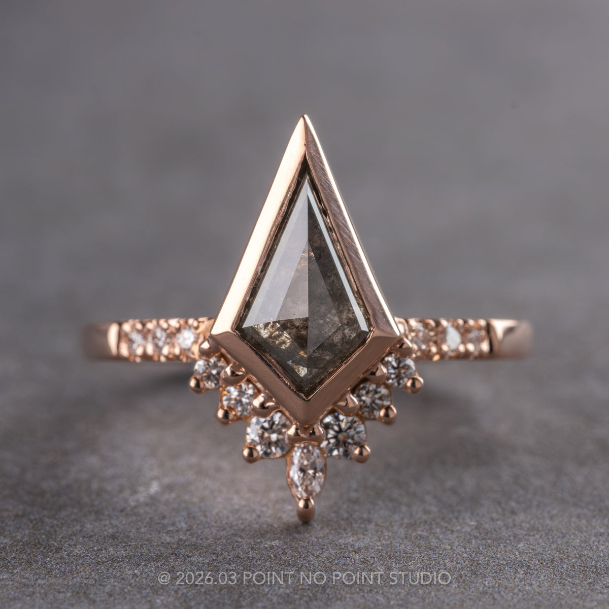 1.27 Carat Black Salt and Pepper Kite Diamond Engagement Ring, Bezel Avaline Setting, 14k Rose Gold