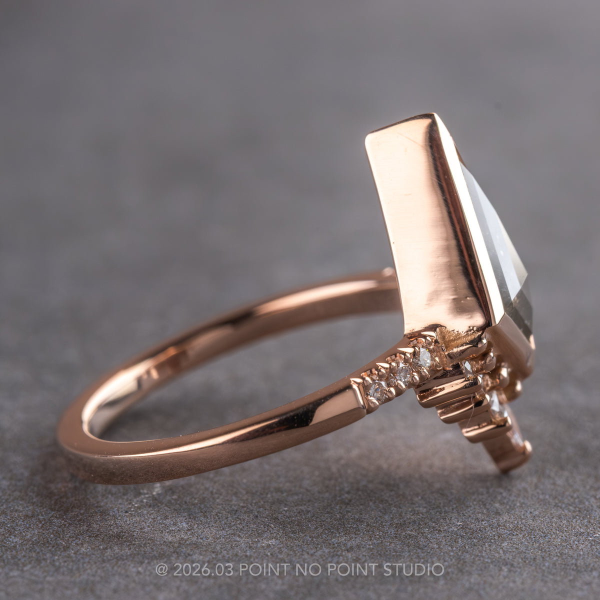 1.27 Carat Black Salt and Pepper Kite Diamond Engagement Ring, Bezel Avaline Setting, 14k Rose Gold