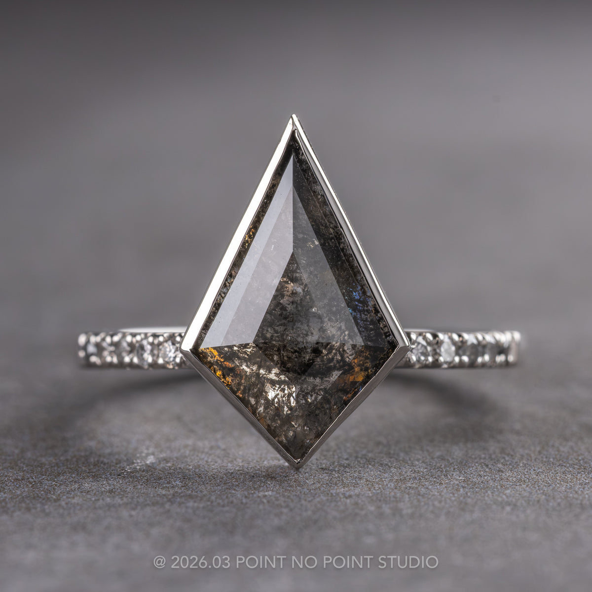 1.53 Carat Black Salt and Pepper Kite Diamond Engagement Ring, Bezel Ombre Jules Setting, Platinum