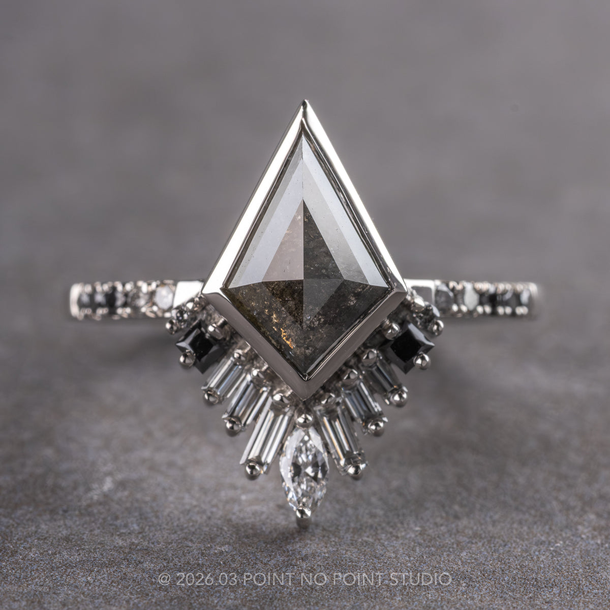 1.65 Carat Black Salt and Pepper Kite Diamond Engagement Ring, Bezel Ombre Wren Setting, Platinum