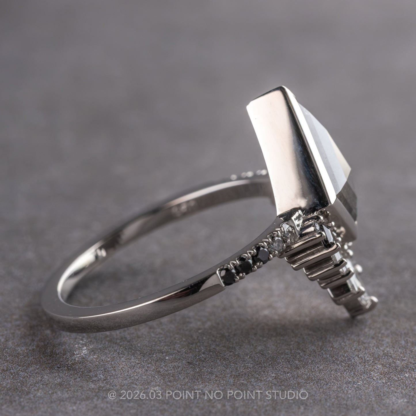 1.65 Carat Black Salt and Pepper Kite Diamond Engagement Ring, Bezel Ombre Wren Setting, Platinum