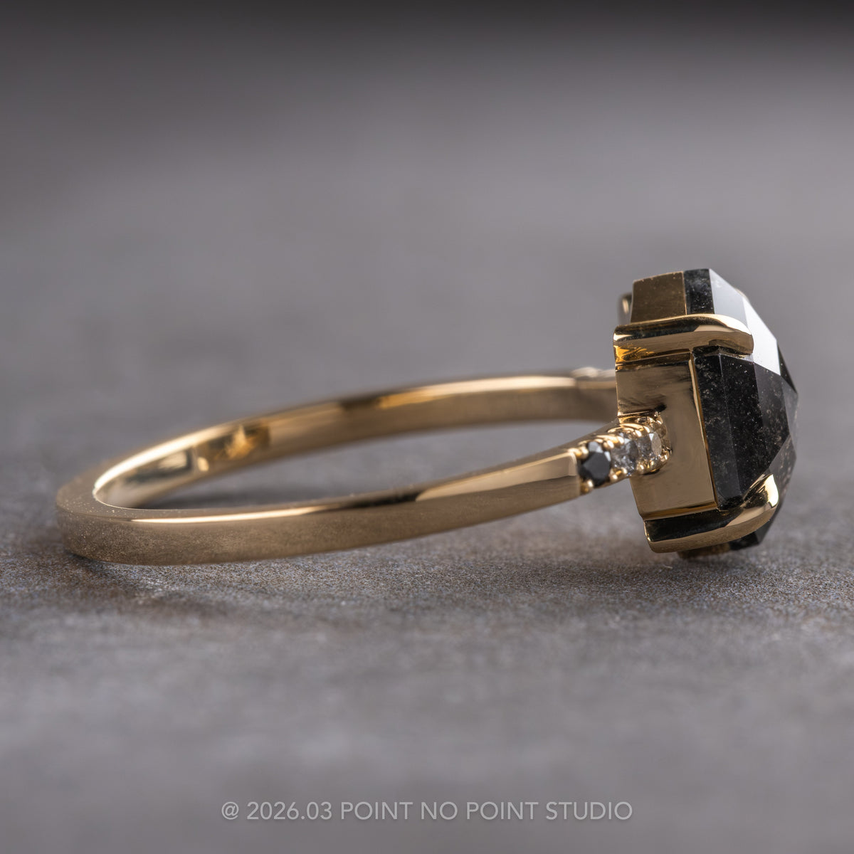 1.74 Carat Black Salt and Pepper Hexagon Diamond Engagement Ring, Ombre Jules Setting, 14k Yellow Gold