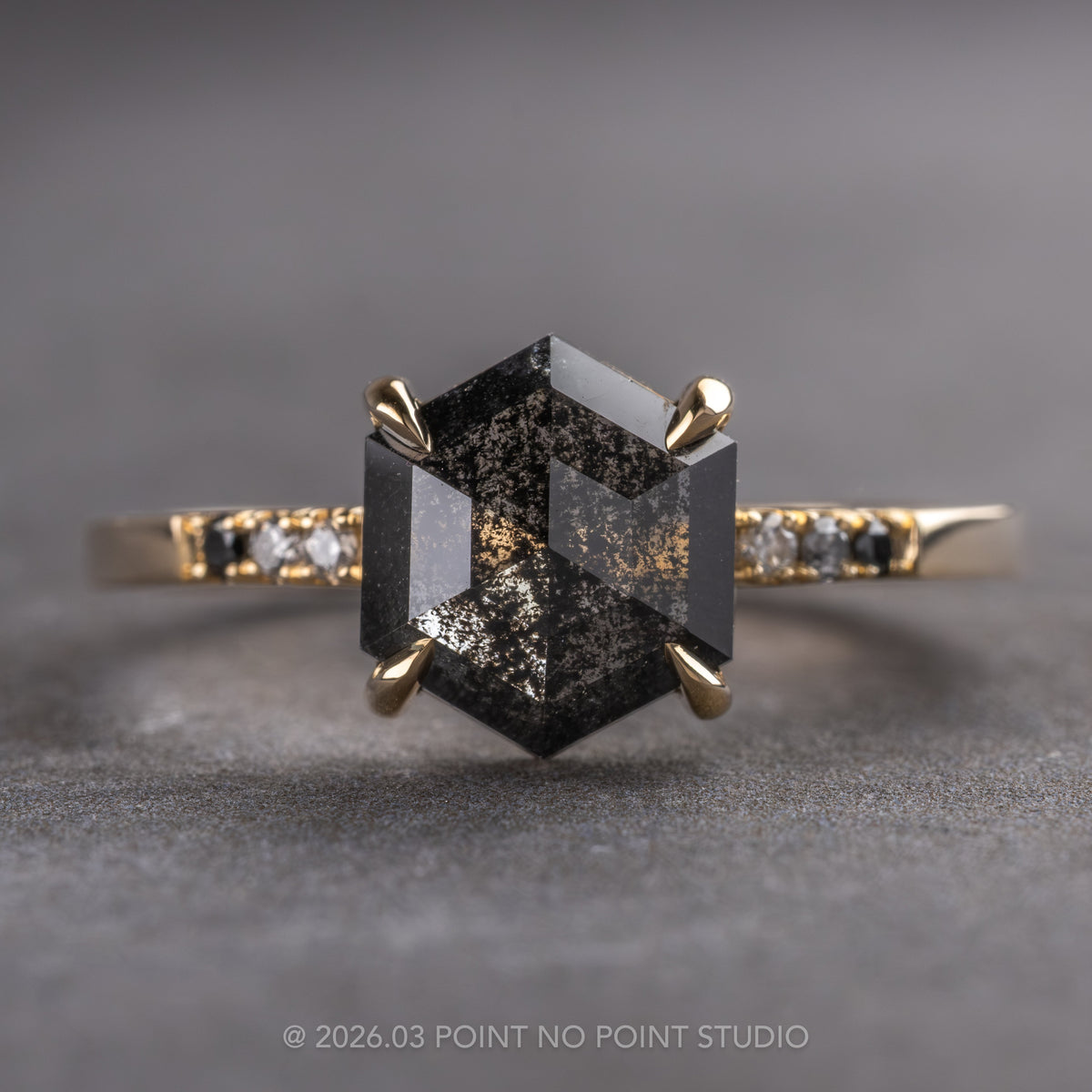 1.74 Carat Black Salt and Pepper Hexagon Diamond Engagement Ring, Ombre Jules Setting, 14k Yellow Gold