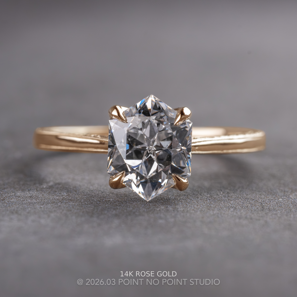 Hexagon Lab Diamond Engagement Ring, Engraved Tulip Setting
