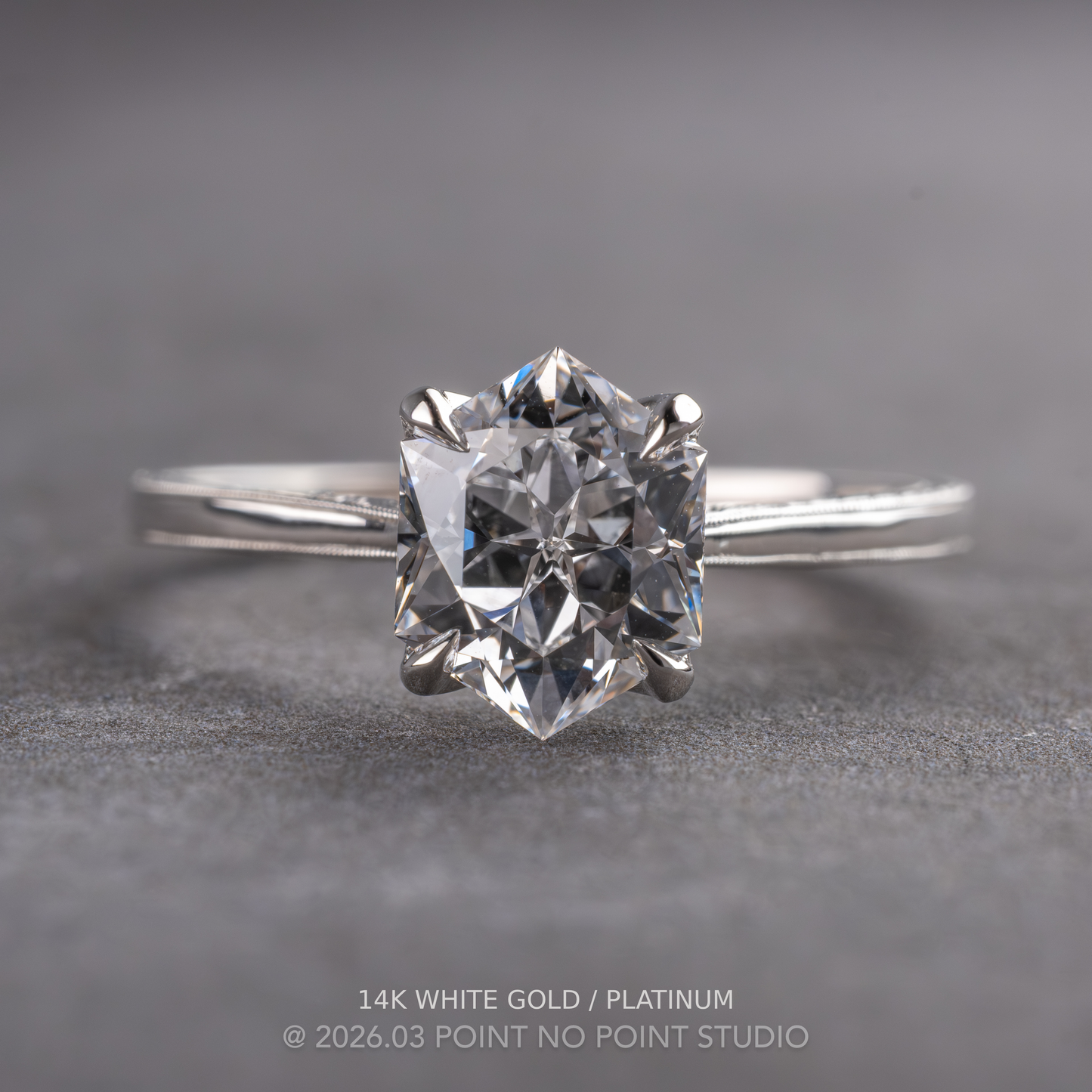 Hexagon Lab Diamond Engagement Ring, Engraved Tulip Setting