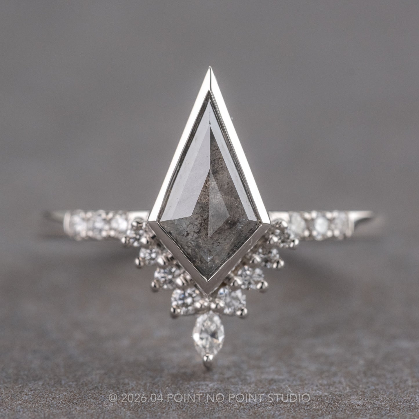 .85 Carat Salt and Pepper Kite Diamond Engagement Ring, Bezel Avaline Setting, Platinum