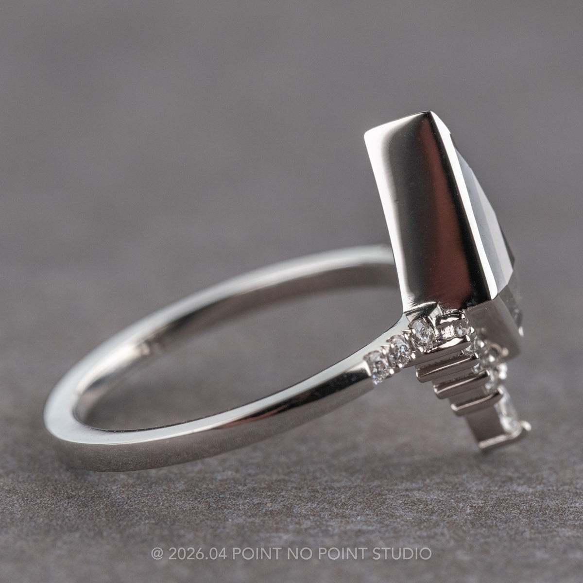 .85 Carat Salt and Pepper Kite Diamond Engagement Ring, Bezel Avaline Setting, Platinum