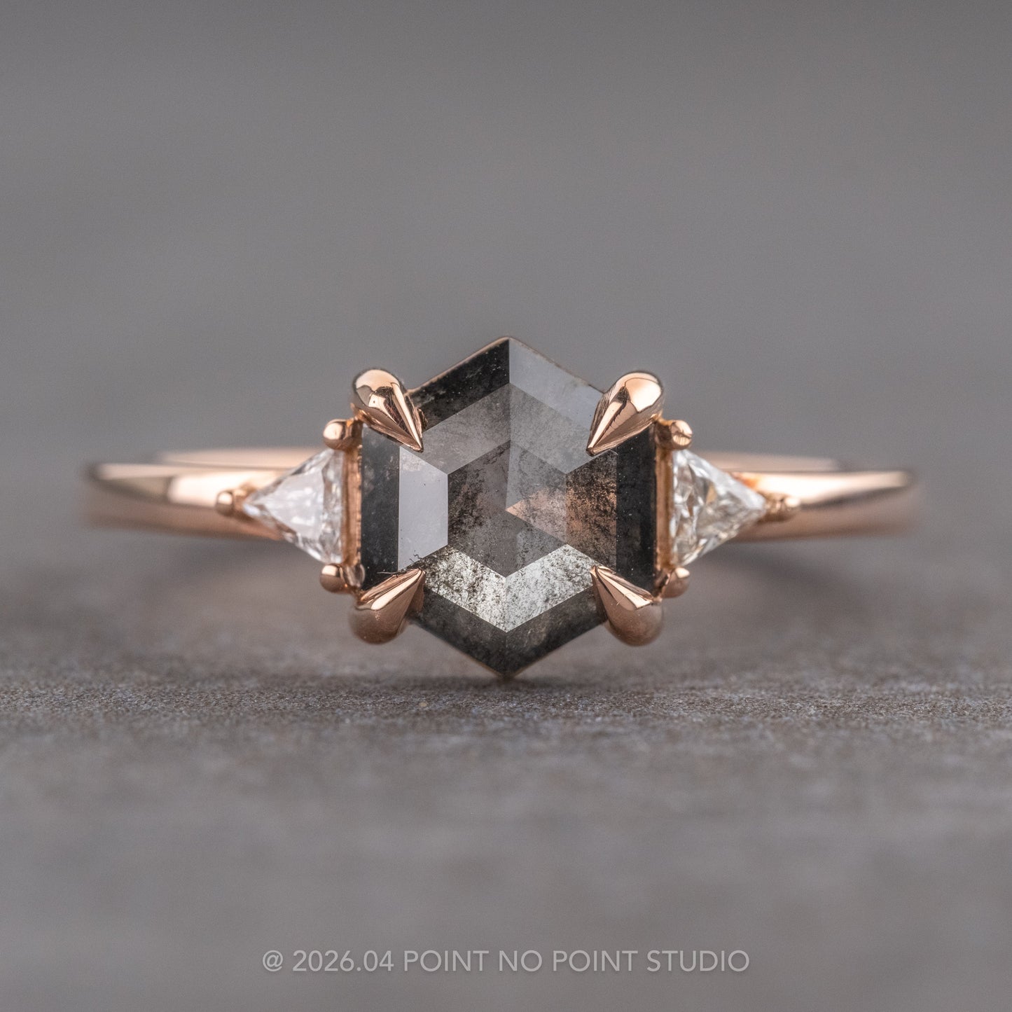 1.19 Carat Black Salt and Pepper Hexagon Diamond Engagement Ring, Zoe Setting, 14K Rose Gold