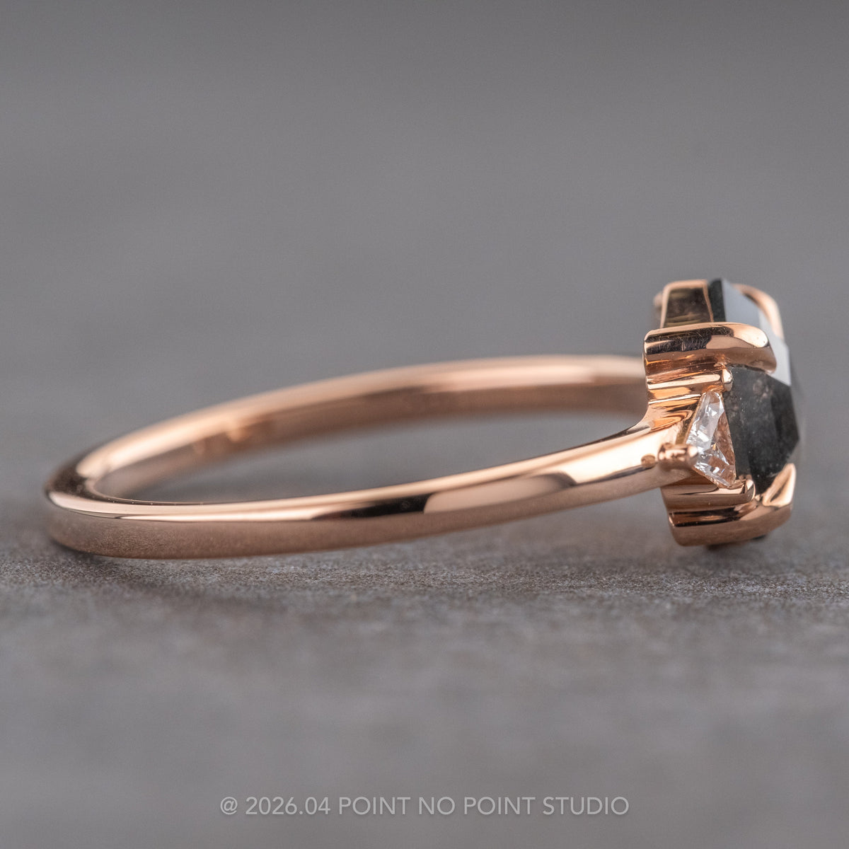 1.19 Carat Black Salt and Pepper Hexagon Diamond Engagement Ring, Zoe Setting, 14K Rose Gold